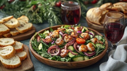 Fototapeta premium Mediterranean seafood salad with grilled octopus, shrimp, and cherry tomatoes on a wooden platter, served with toasted bread and wine.