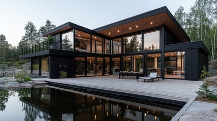 Fototapeta premium A contemporary two-story villa with a sleek black exterior, featuring floor-to-ceiling windows offering stunning views of the surrounding forest and a tranquil pond.