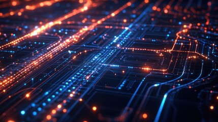 Fototapeta premium Abstract Digital Circuitry: A Symphony of Blue and Orange