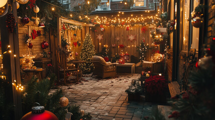 The outdoor space glowed under twinkling lights, and festive decorations adorned every corner of the yard