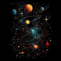 Vibrant cosmic scene with planets, nebulae, and stars.