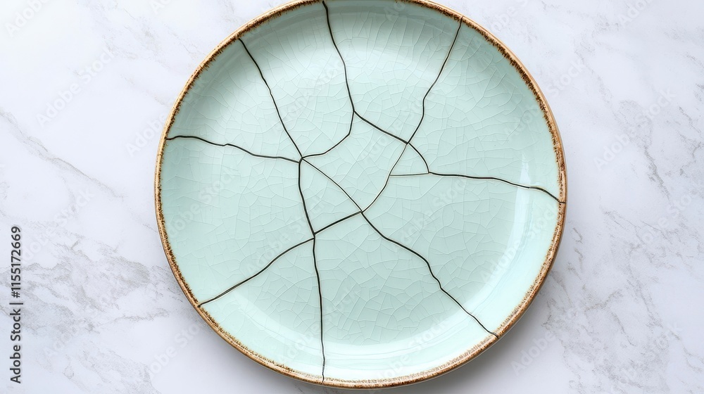 Poster defects on pieces of work concept, close-up of a cracked ceramic plate showcasing unique textures an