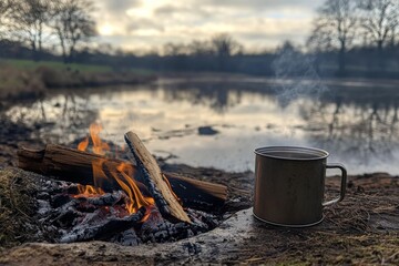 Cozy Campfire by the River with Hot Drink