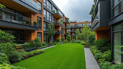 Modern residential complex with green courtyard and landscaped gardens.