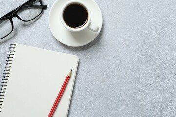 Workplace with workspace with various office supplies, top view