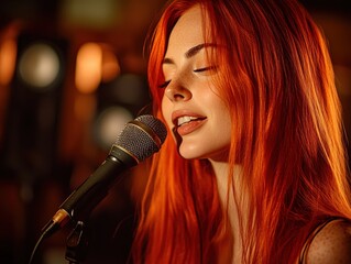 Captivating Redhead Singing into Microphone