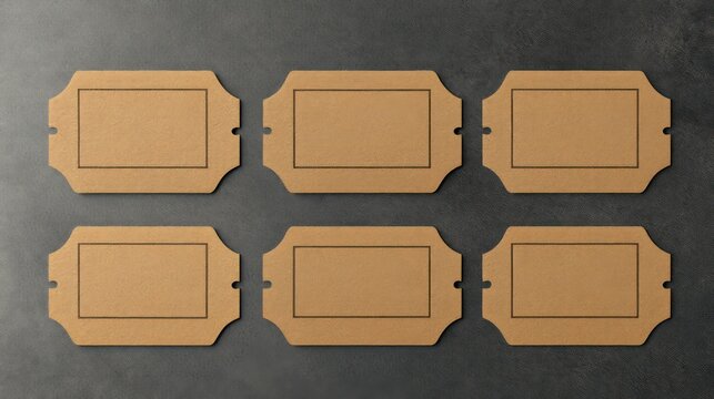 Set of Customizable Blank Ticket Templates, Realistic Brown Cardboard Coupons, Perfect for Movie, Theater, and Travel, Vector Illustration