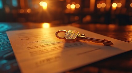 A key with a house-shaped design, lying on a real estate contract document on a restaurant table