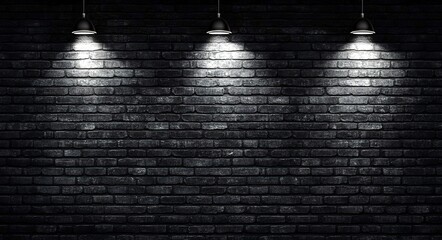  Black brick wall background with three spotlights, a black room, and a black and white image.