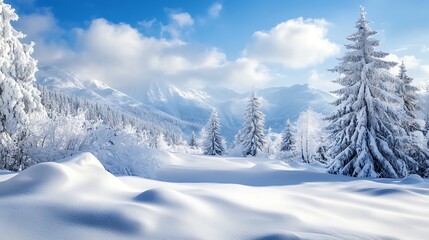 Fototapeta premium Winter wonderland landscape. Snowy mountains and fir trees. Concept of winter beauty, nature, and serenity.