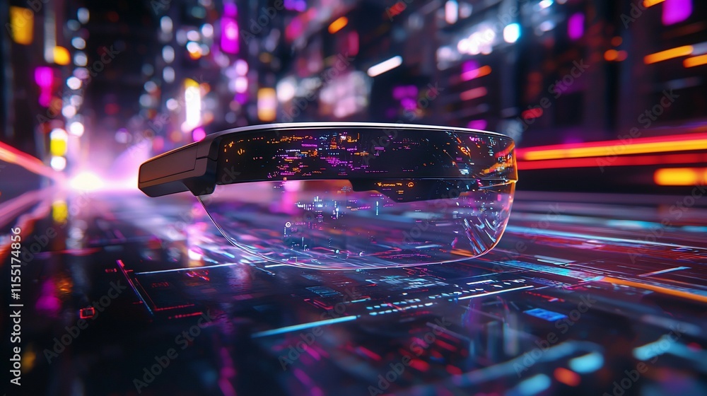 Poster Futuristic smart glasses displaying augmented reality data on a neon city street.