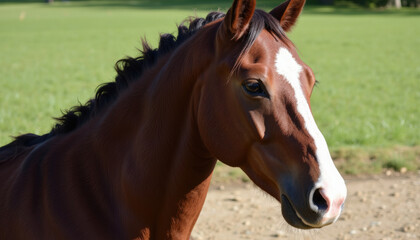 Obraz premium Close-up of a horse with neatly braided mane, showcasing glossy coat and calm expression