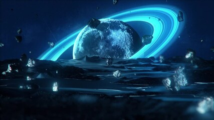 Sci-fi space scene, space meteorites floating. Earth and moon halo animation, cosmic space abstract visual effects. - Powered by Adobe