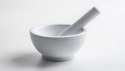 White ceramic mortar and pestle isolated on white backdrop. Minimalist design.