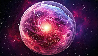 Naklejka premium A colorful, glowing sphere in a deep purple and blue sky. The sphere is surrounded by a swirl of stars and galaxies.