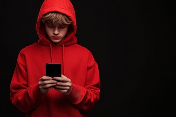 Fototapeta premium Teen Communicating in a Casual Red Hoodie