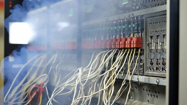 Smoke filling electrical panel with wires and circuit breakers