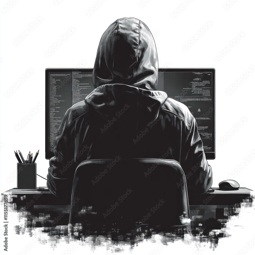 Poster hooded figure sits at desk, facing away from camera, working on computer with code visible on screen