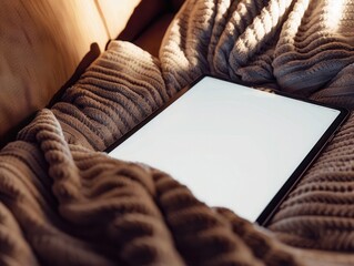 Cozy iPad Mockup on Sofa - Relaxed and Minimalist Design Setting