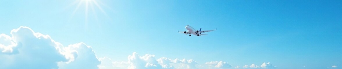 Obraz premium Aerial view of a plane flying over a serene sky with a blue and white backdrop, sky scenery, airplane, blue backdrop