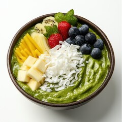 Unique matcha smoothie bowl. Featuring matcha, coconut, and fresh fruit