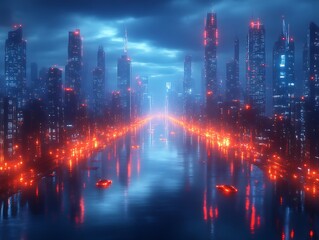 Obraz premium Futuristic city at night, neon lights reflecting on water.