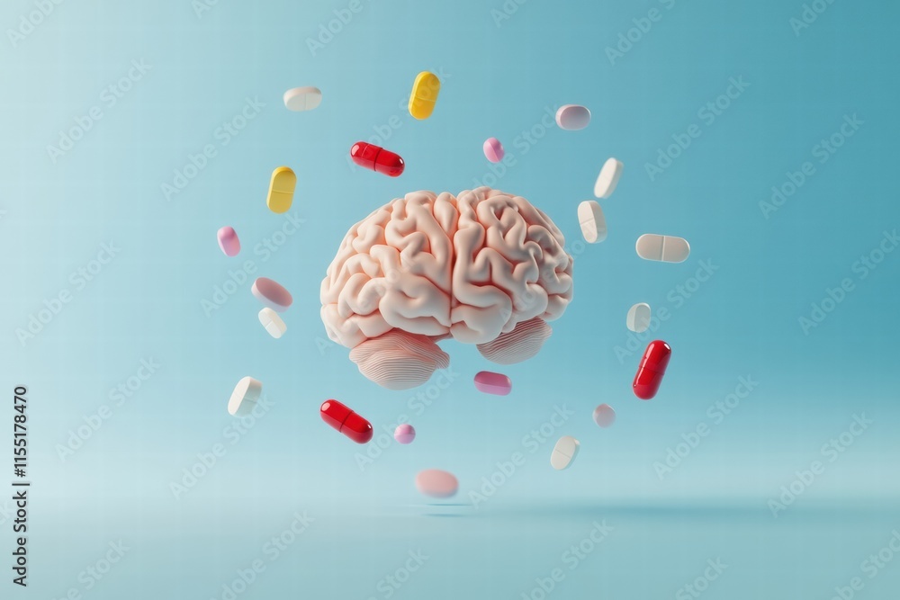 Poster 3d model of a human brain surrounded by colorful pills illustrating health and medication effects. g