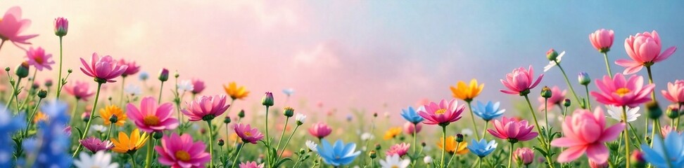 Fototapeta premium A field of colorful wildflowers in soft pink and blue hues, pastel colors, flower fields