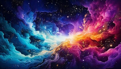 A Vibrant Nebula Bursting with Violet, Gold, and Teal Colors, with Swirling Gas Clouds