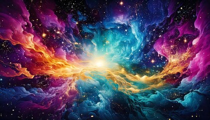 Fototapeta premium A Vibrant Nebula Bursting with Violet, Gold, and Teal Colors, with Swirling Gas Clouds