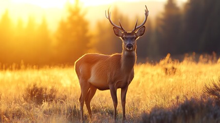 Obraz premium Majestic Deer in Golden Sunset Meadow
