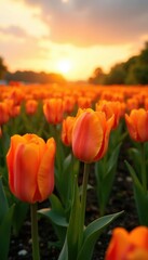 A field of orange tulips swaying gently in the wind, sunset, tulips, light