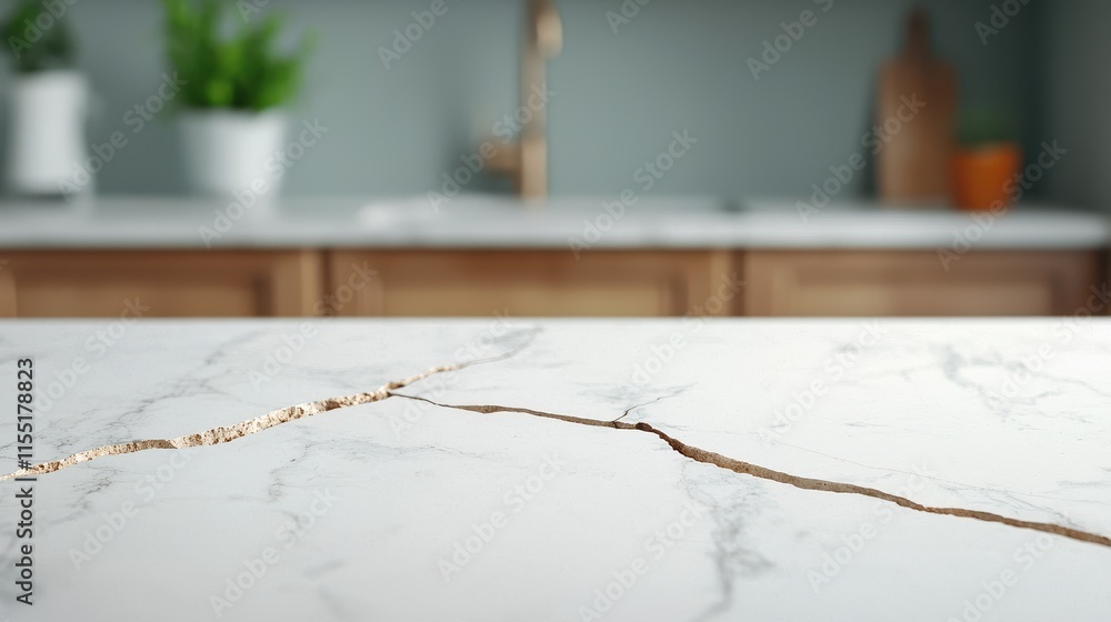 Poster defects on pieces of work concept, close-up view of a marble countertop showing cracks and chips in 