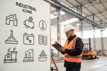 The board is in a factory setting, and the icons include a ship, a train, a car