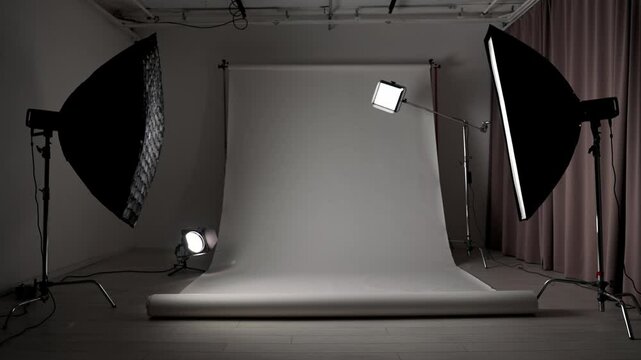 Professional studio for photo and video production filming with modern lighting equipment, large white cyclorama background, testing light set up.