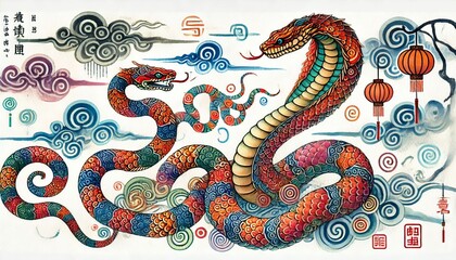 Fototapeta premium Chinese Zodiac Snake Sign - Year of the Snake - Cycle of Animals and Chinese Calendar - Asian Zodiac and Astrology - New Year Animal - Water, Earth, Wood, Metal and Fire - Watercolor Painting