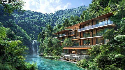 Luxury resort nestled in lush rainforest, waterfall view.