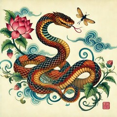 Chinese Zodiac Snake Sign - Year of the Snake - Cycle of Animals and Chinese Calendar - Asian Zodiac and Astrology - New Year Animal - Water, Earth, Wood, Metal and Fire - Watercolor Painting