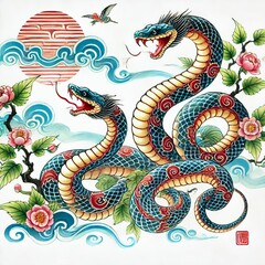 Fototapeta premium Chinese Zodiac Snake Sign - Year of the Snake - Cycle of Animals and Chinese Calendar - Asian Zodiac and Astrology - New Year Animal - Water, Earth, Wood, Metal and Fire - Watercolor Painting
