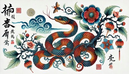 Naklejka premium Chinese Zodiac Snake Sign - Year of the Snake - Cycle of Animals and Chinese Calendar - Asian Zodiac and Astrology - New Year Animal - Water, Earth, Wood, Metal and Fire - Watercolor Painting