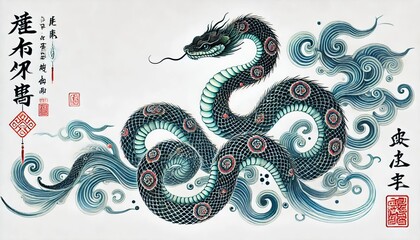 Chinese Zodiac Snake Sign - Year of the Snake - Cycle of Animals and Chinese Calendar - Asian Zodiac and Astrology - New Year Animal - Water, Earth, Wood, Metal and Fire - Watercolor Painting