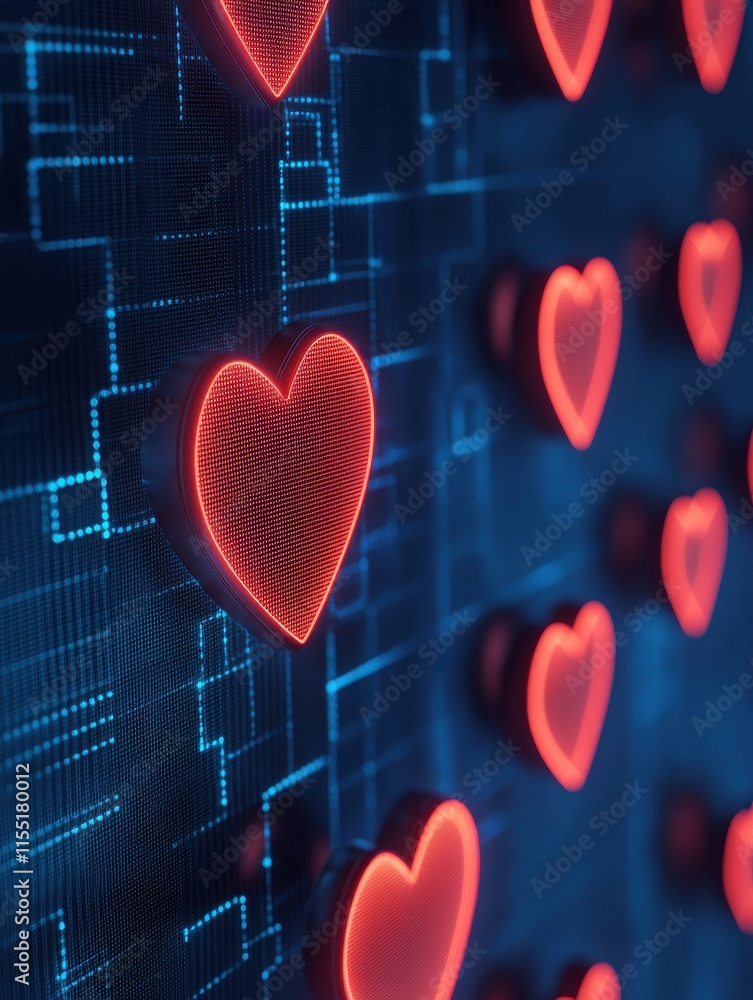 Poster a digital backdrop features glowing red hearts against a blue, circuit-like pattern, symbolizing lov
