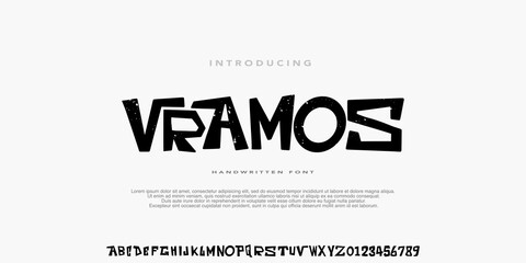 Vramos Handwritten Font,Original Alphabet,Uppercase Typeface ,design for streetwear,fashion,brand,clothing, urban,movie.Vector illustration