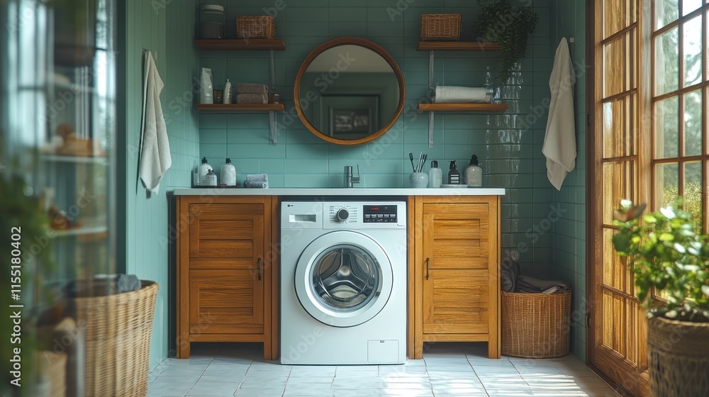 Wall mural Modern bathroom with wooden vanity, white washing machine, and natural light.