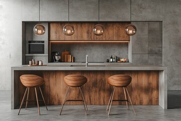 Modern Kitchen Island with Wooden Bar Stools and Concrete Accents