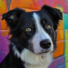 A close-up of a black and white dog with a curious expression in a colorful outdoor setting.
