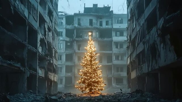 Brightly lit Christmas tree is prominently placed amidst a desolate, crumbling urban environment, surrounded by rubble and ruins, creating a striking contrast at dusk.
