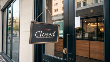 Closed Sign on Shop Door, Urban Morning Street Scene, Business