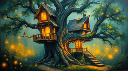 illustration of a magic tree house in watercolor