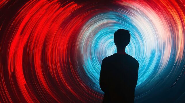 Silhouette of person standing in front of background of red blue light trails